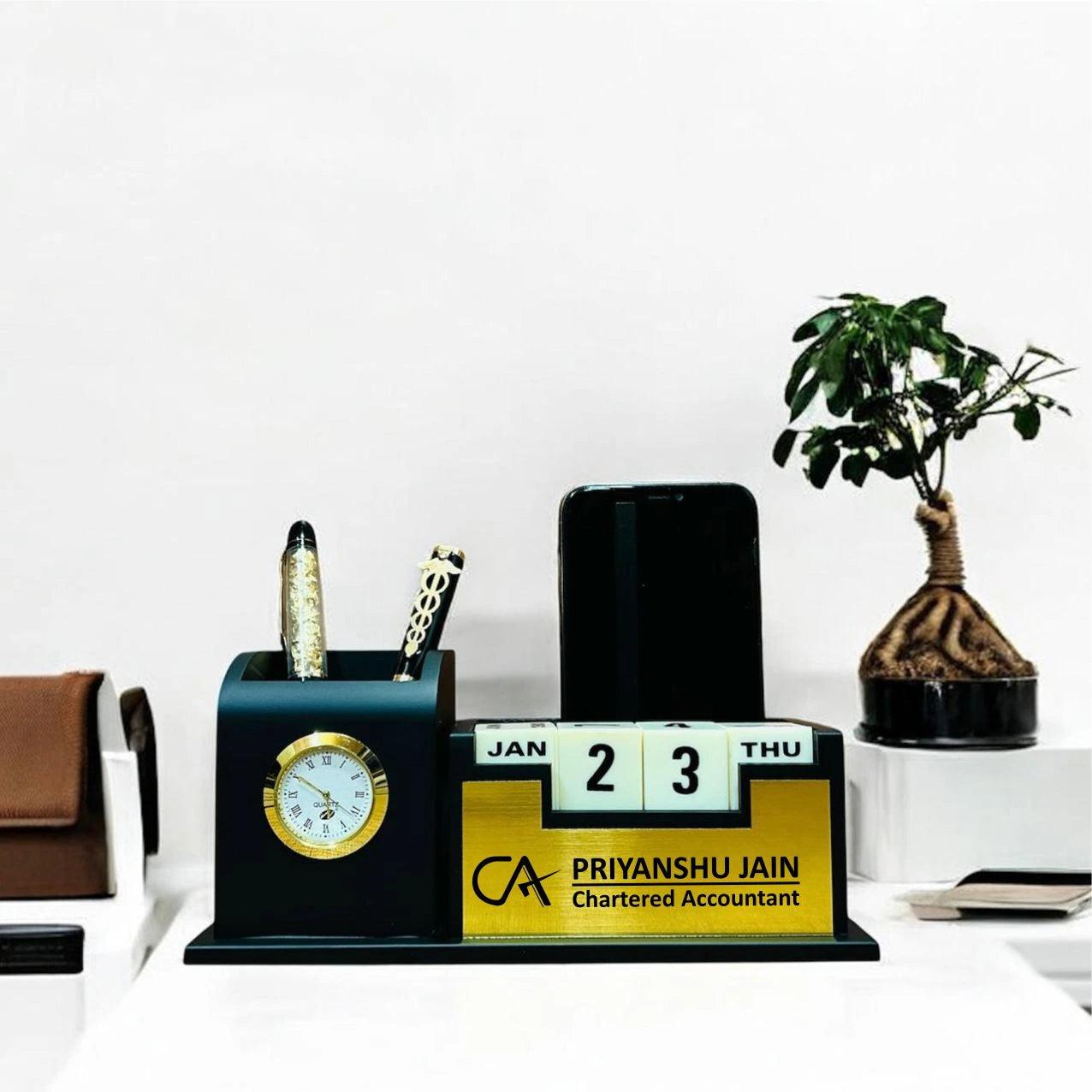 Personalized Desk Organizer with Clock, Calendar, Pen & Mobile Stand - Precious Art Gifts