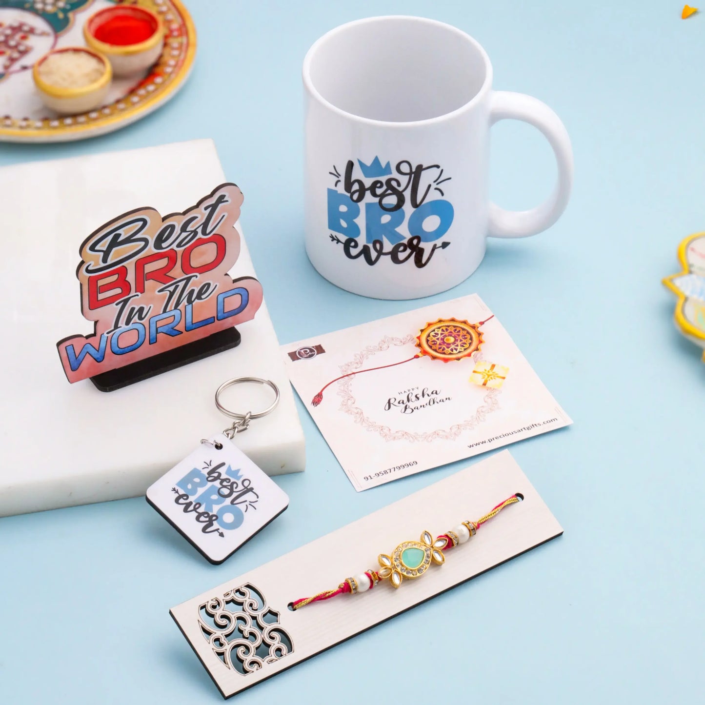 Rakhi Gift Combo for Brother – Mug, Keychain, Rakhi & Wooden Cutout - Precious Art Gifts