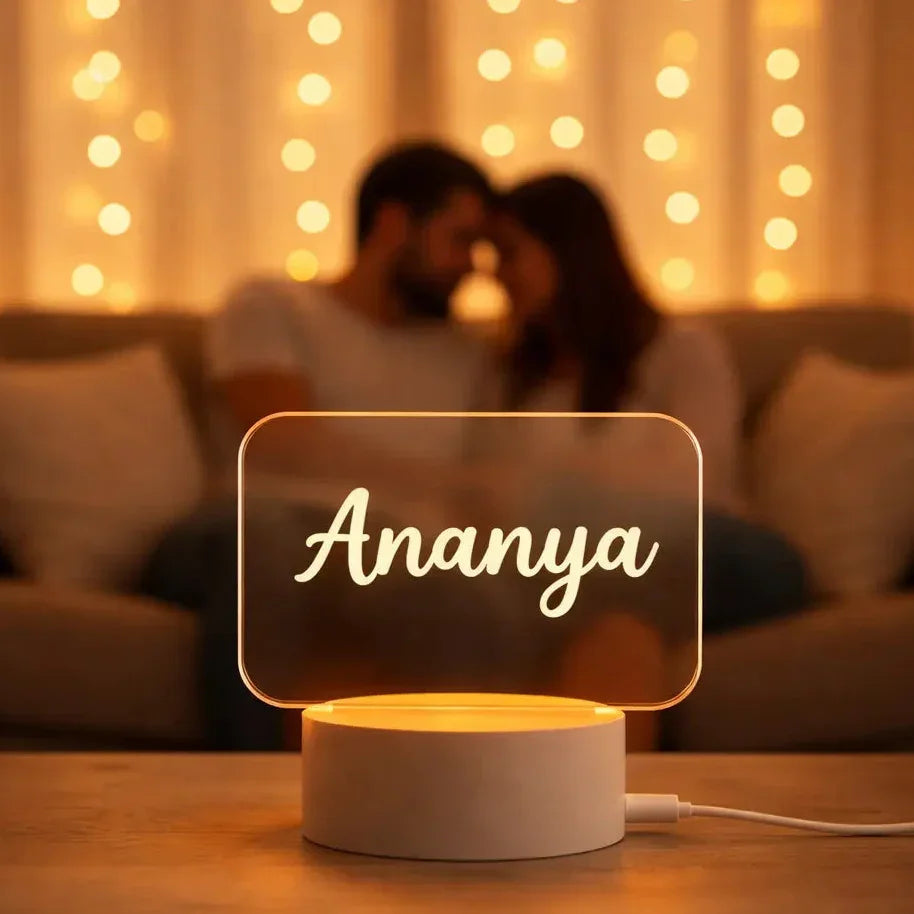 Personalized LED acrylic name lamp Ananya with warm glow aesthetic room decor setup