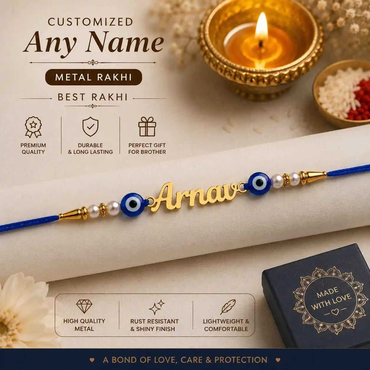 Metal Rakhi with Custom Cutout Name for Brother