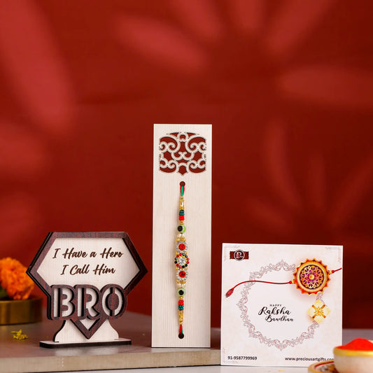 Best Brother Rakhi Gift Combo with Wooden BRO Stand