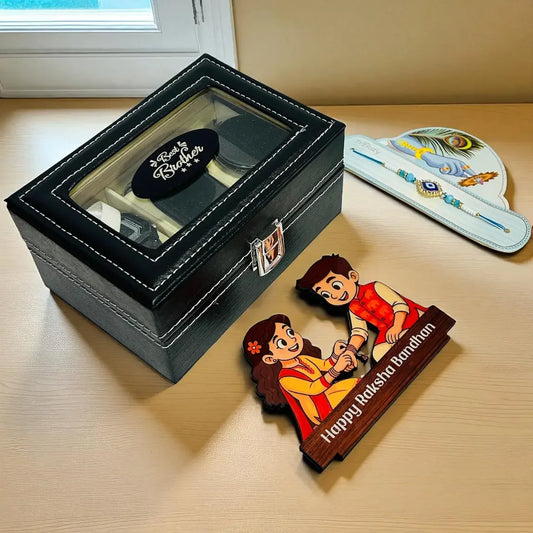Best Brother Raksha Bandhan gift combo with watch box, evil eye rakhi, and wooden table stand