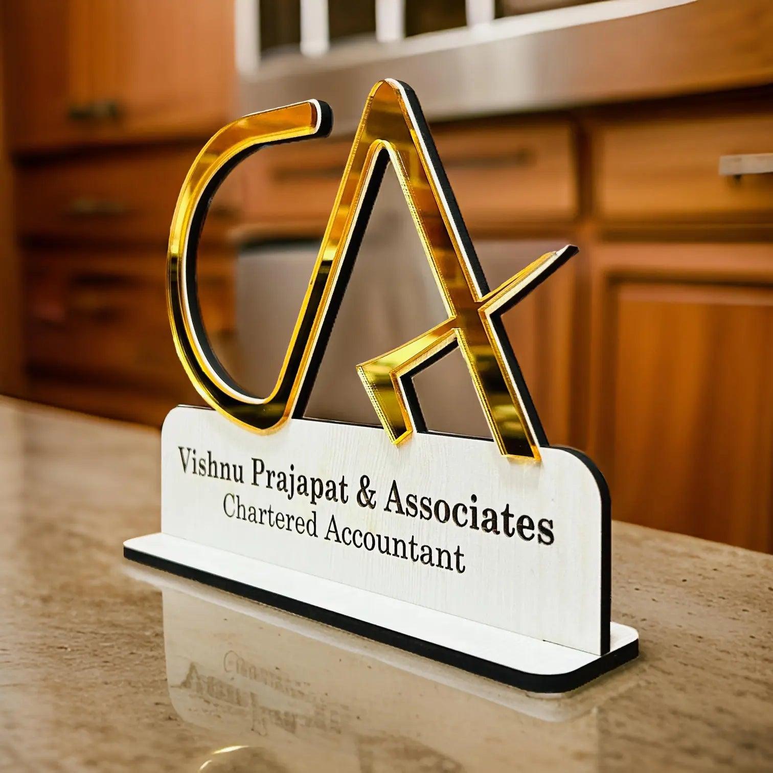 Personalized Chartered Accountant desk nameplate with gold acrylic design