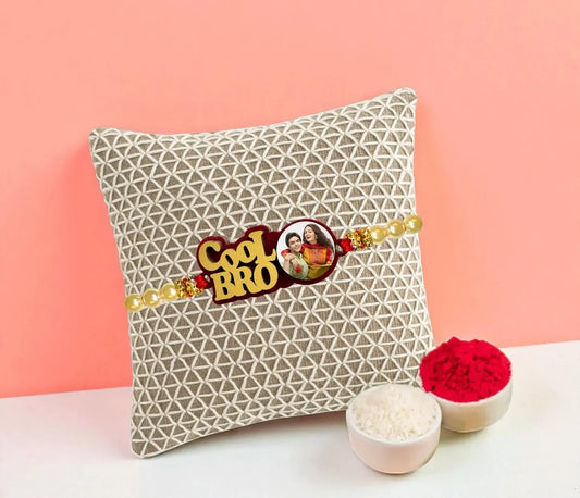 Cool Bro wooden rakhi with custom photo and red thread – Raksha Bandhan gift