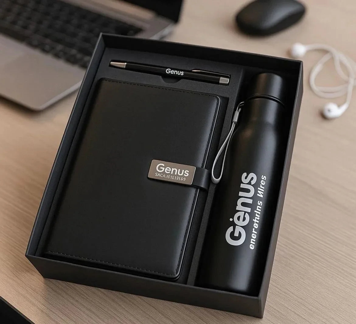 Black stationery set with pen, notebook, and water bottle in a box on a desk.