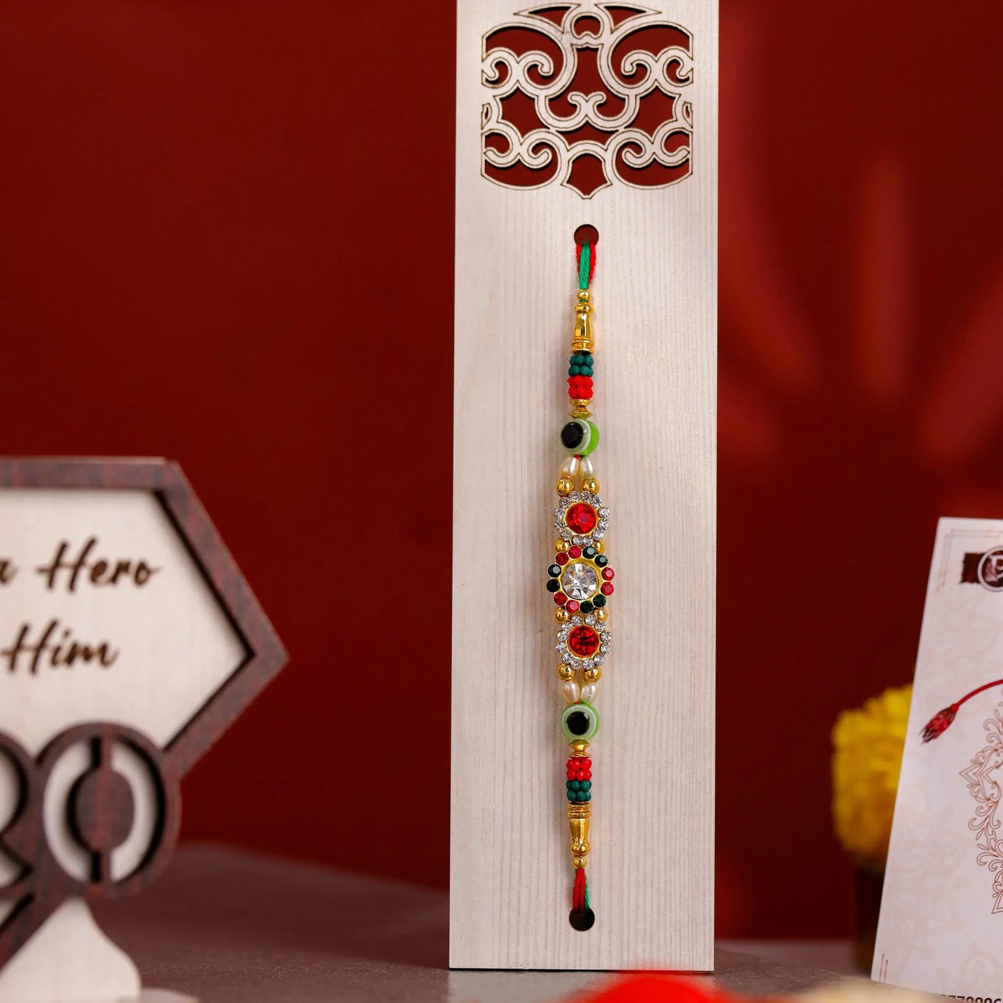 Designer Rakhi with Wooden Display Stand – Raksha Bandhan Gift