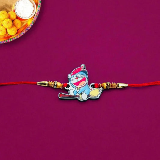 Doraemon cartoon rakhi for kids with red thread and beads