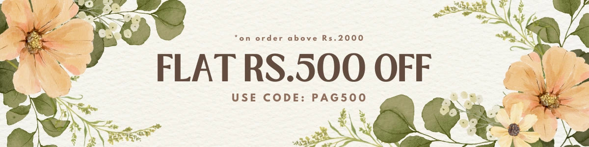 Promotional banner with floral design and text offering a discount on orders above Rs. 2000.