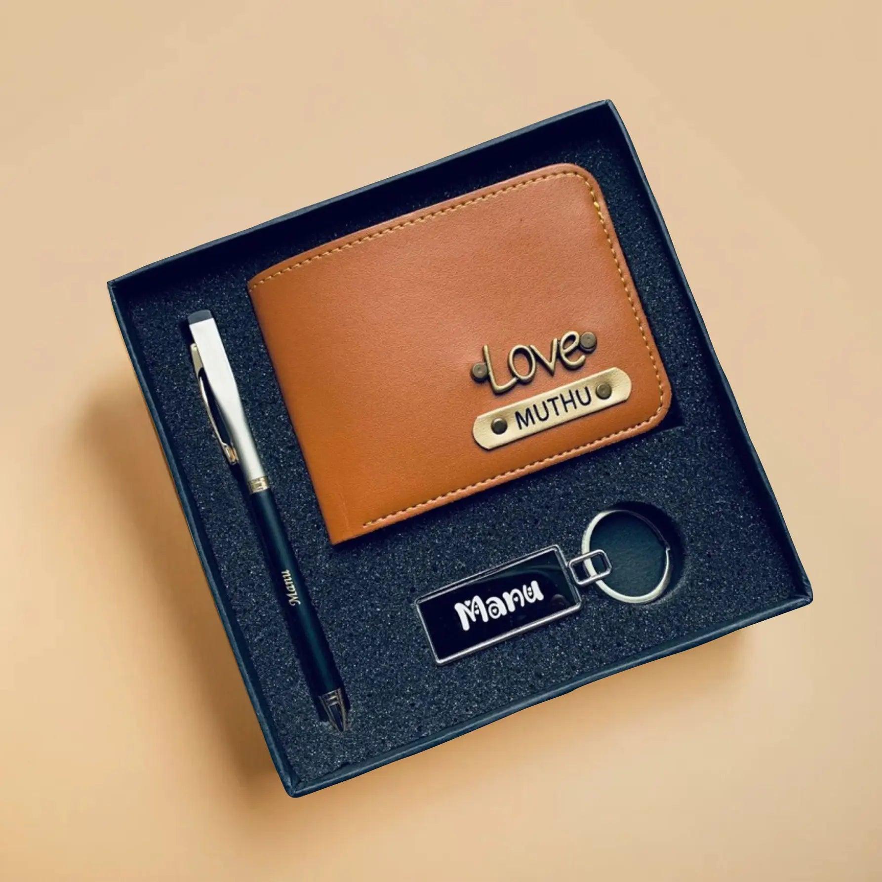 Personalized Brown Wallet, Pen & Keychain Gift Set for Men