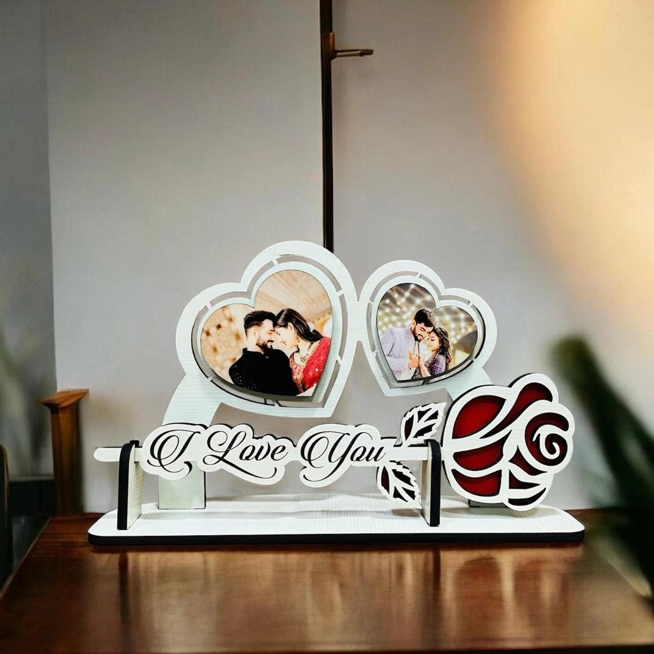 Heart-shaped romantic photo frame with wooden rose