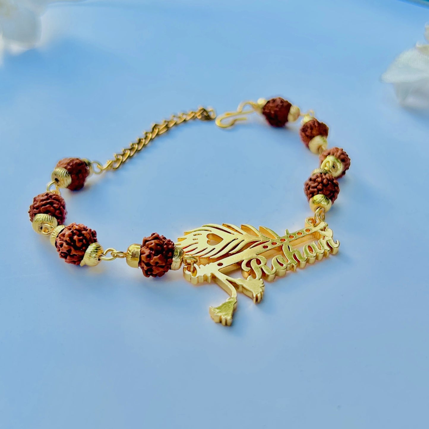 Custom Name Rudraksha Rakhi with Peacock Feather – Personalized Rakhi for Brother - Precious Art Gifts