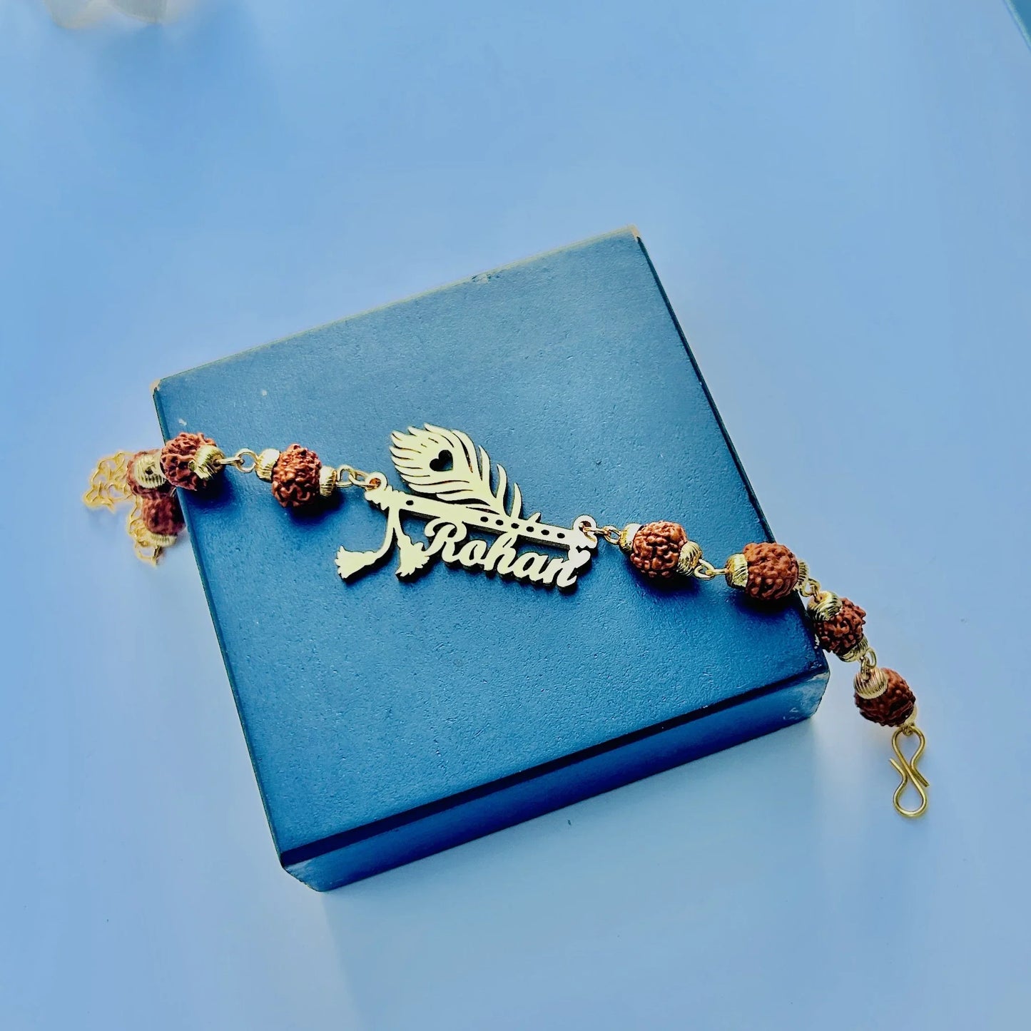 Custom Name Rudraksha Rakhi with Peacock Feather – Personalized Rakhi for Brother - Precious Art Gifts