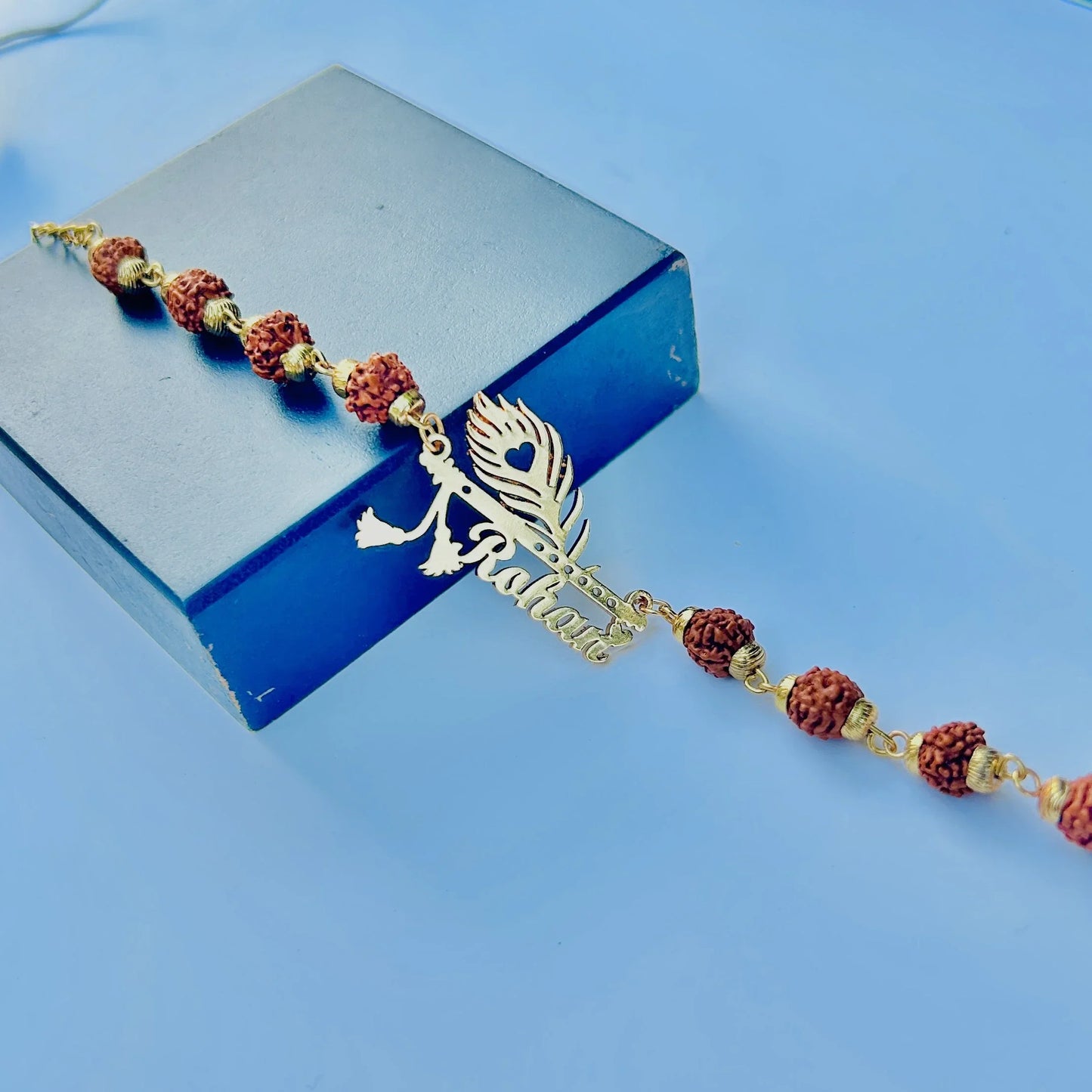 Custom Name Rudraksha Rakhi with Peacock Feather – Personalized Rakhi for Brother - Precious Art Gifts