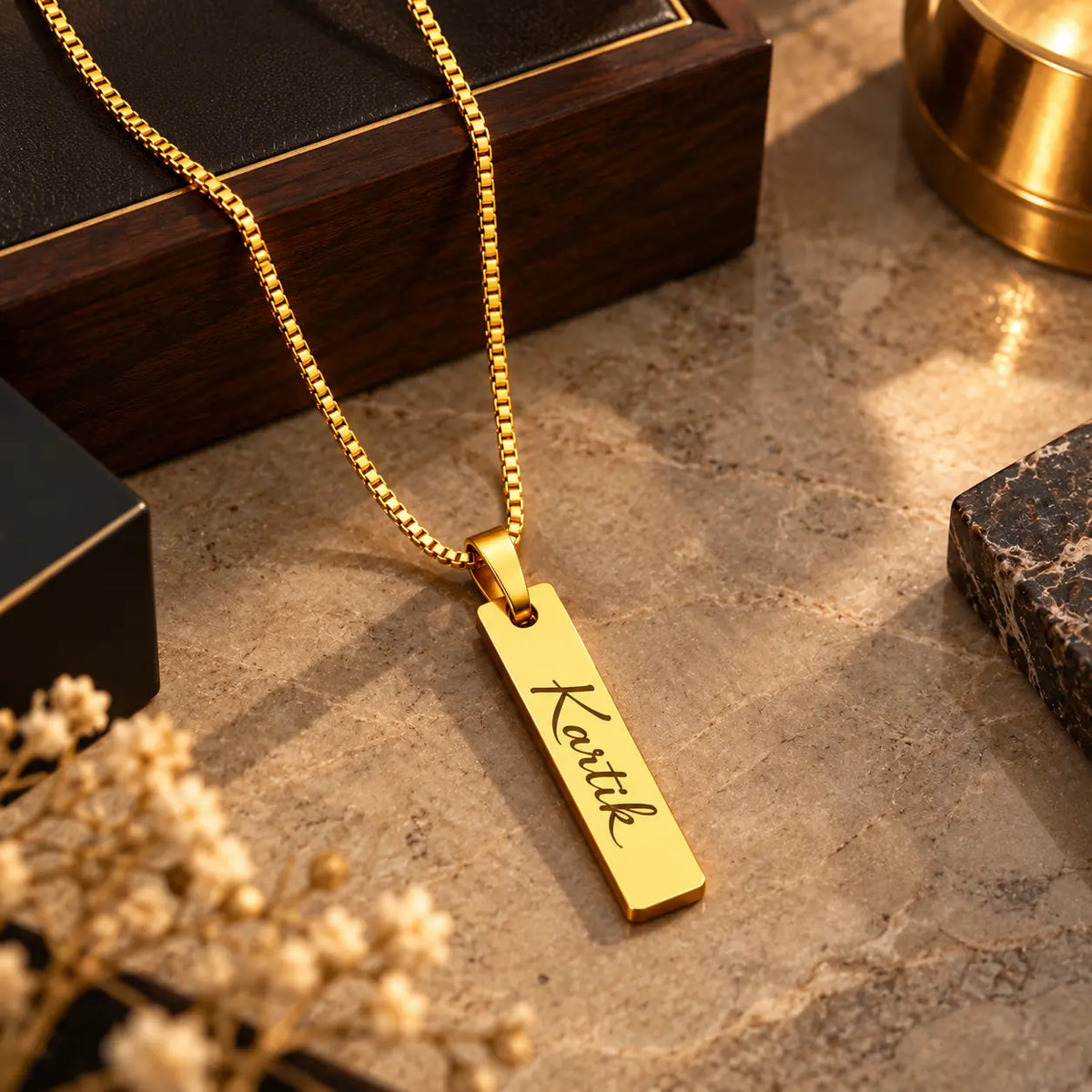 Custom gold name pendant necklace with matching chain, stylish personalized jewellery gift for men