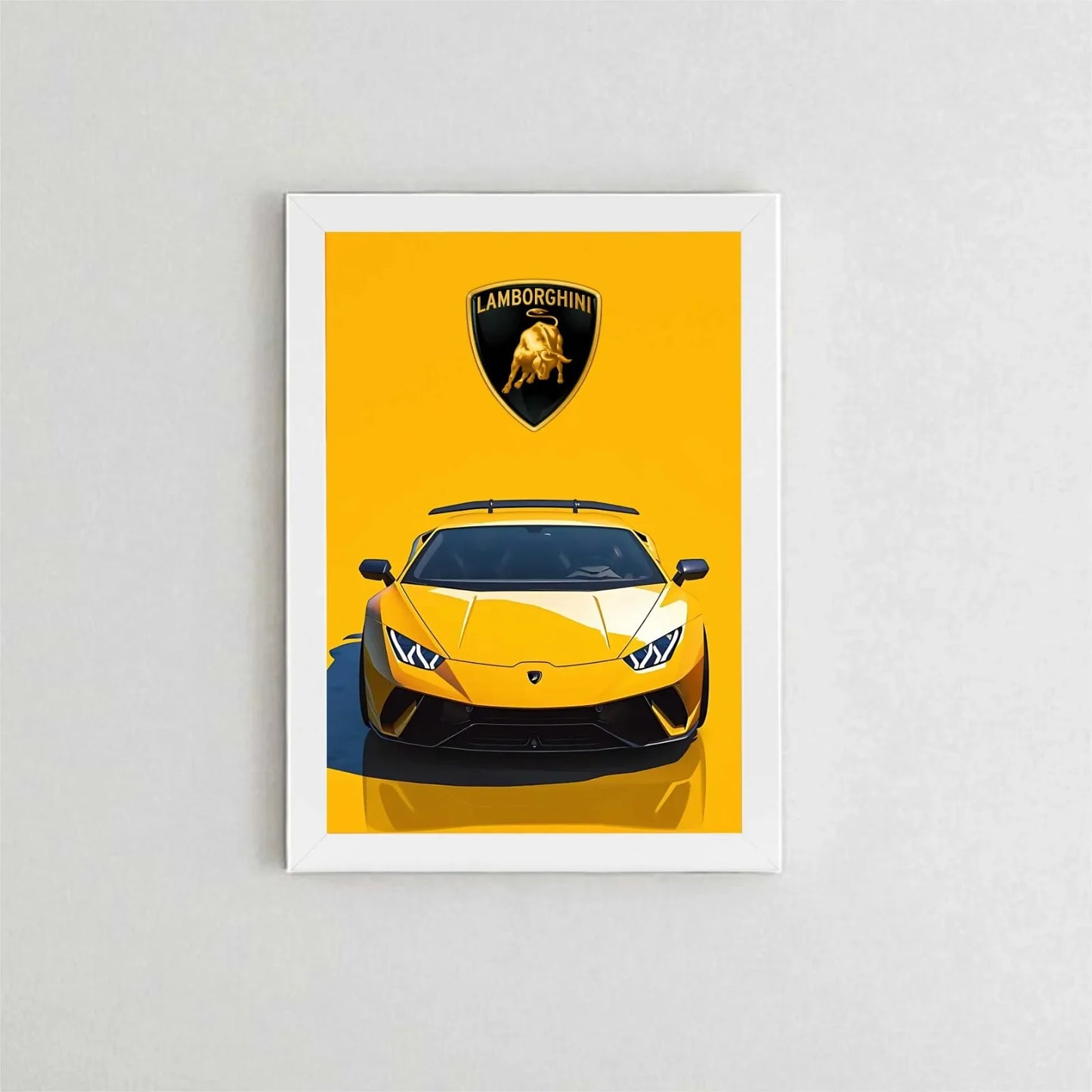 Framed poster of a yellow Lamborghini on a yellow background with the Lamborghini logo.