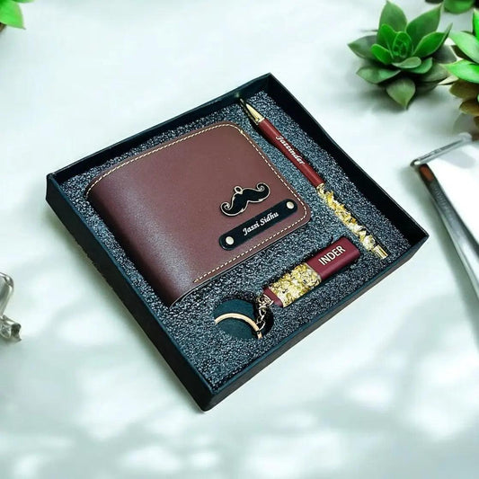 Personalized Wallet Gift Set for Men – Name Wallet with Red Keychain & Golden Pen