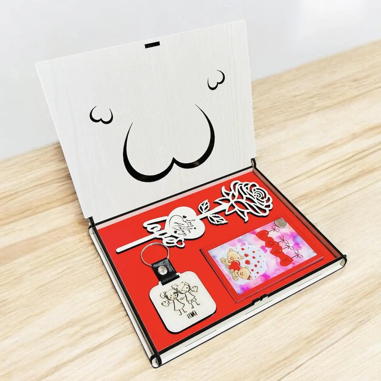 Romantic Valentine Wooden Gift Set - Rose, Mini Diary & Love Keychain. - Precious Art Gifts
