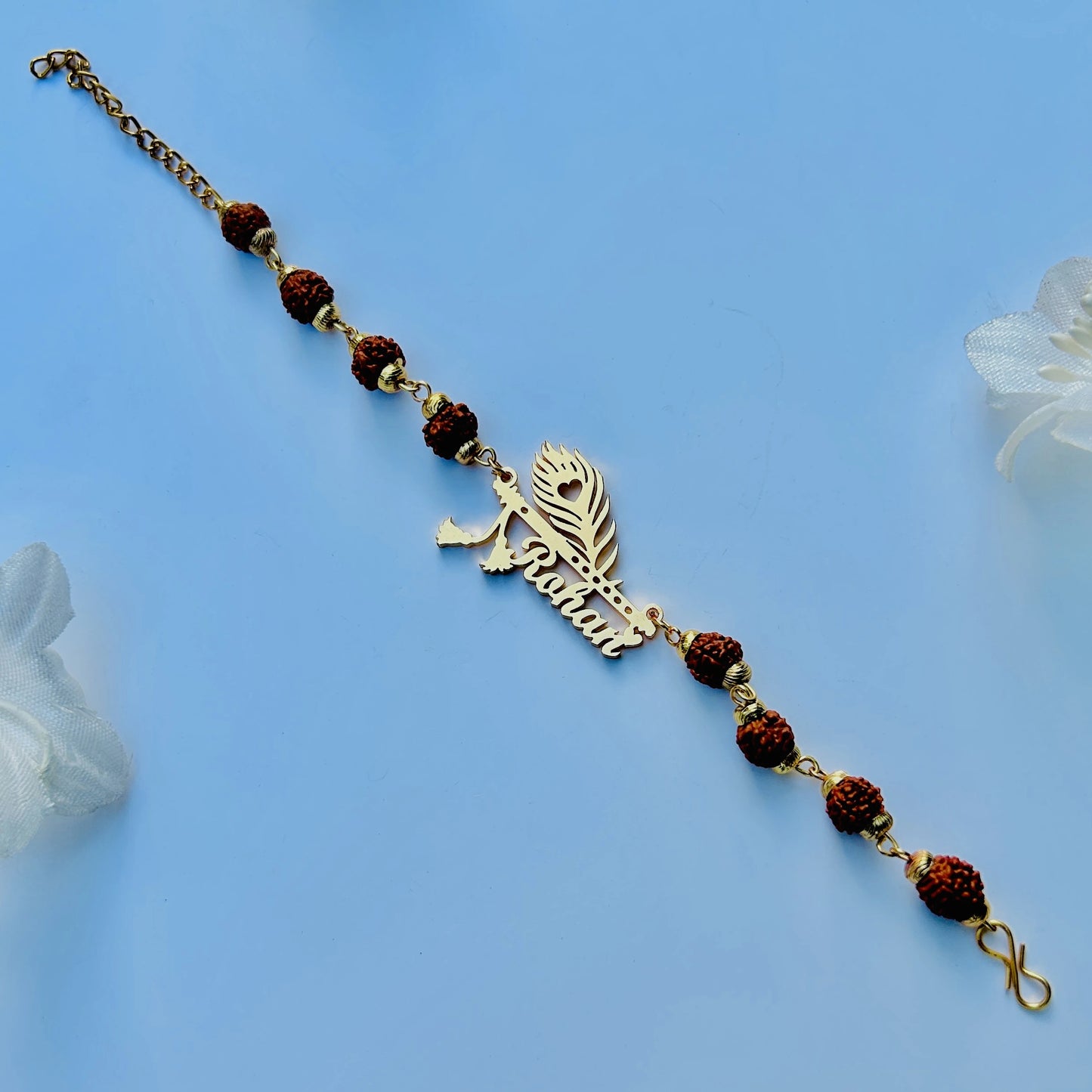 Custom Name Rudraksha Rakhi with Peacock Feather – Personalized Rakhi for Brother - Precious Art Gifts