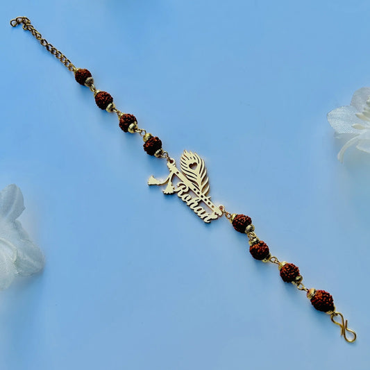 Custom Name Rudraksha Rakhi with Peacock Feather – Personalized Rakhi for Brother - Precious Art Gifts