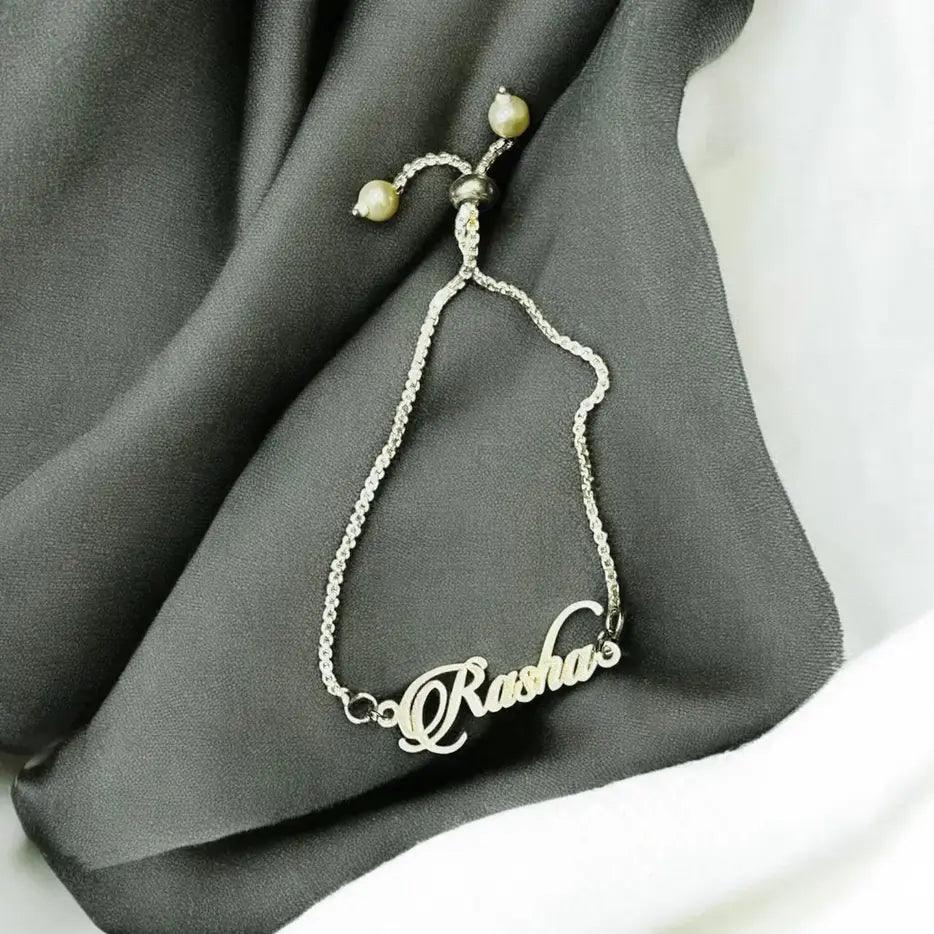 Personalized silver bracelet with the name "Rasha" for women