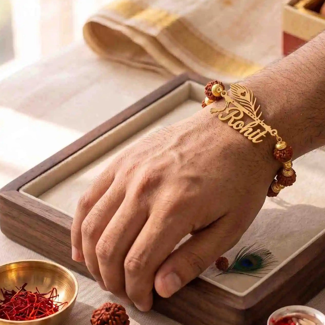 Handmade Rudraksha Name Rakhi with Gold