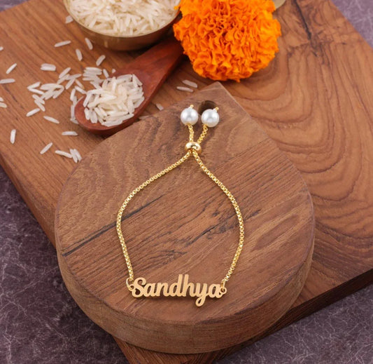Gold personalized Rakhi bracelet with name