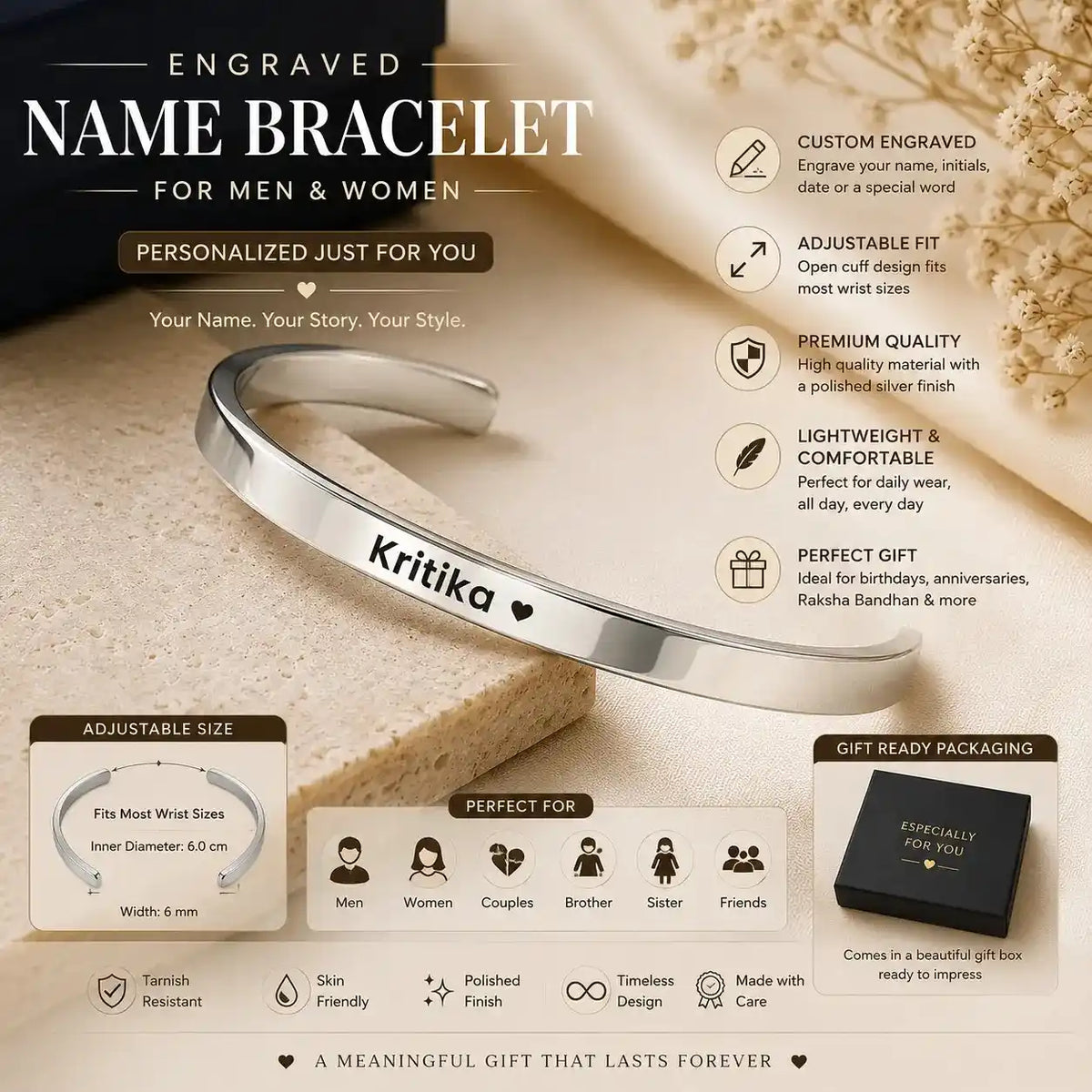 Custom Engraved Silver Bracelet for Men & Women