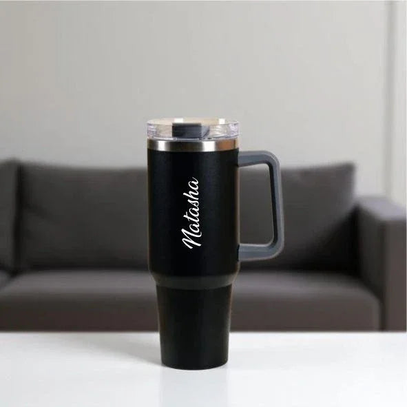 Black personalized vacuum tumbler with handle and lid