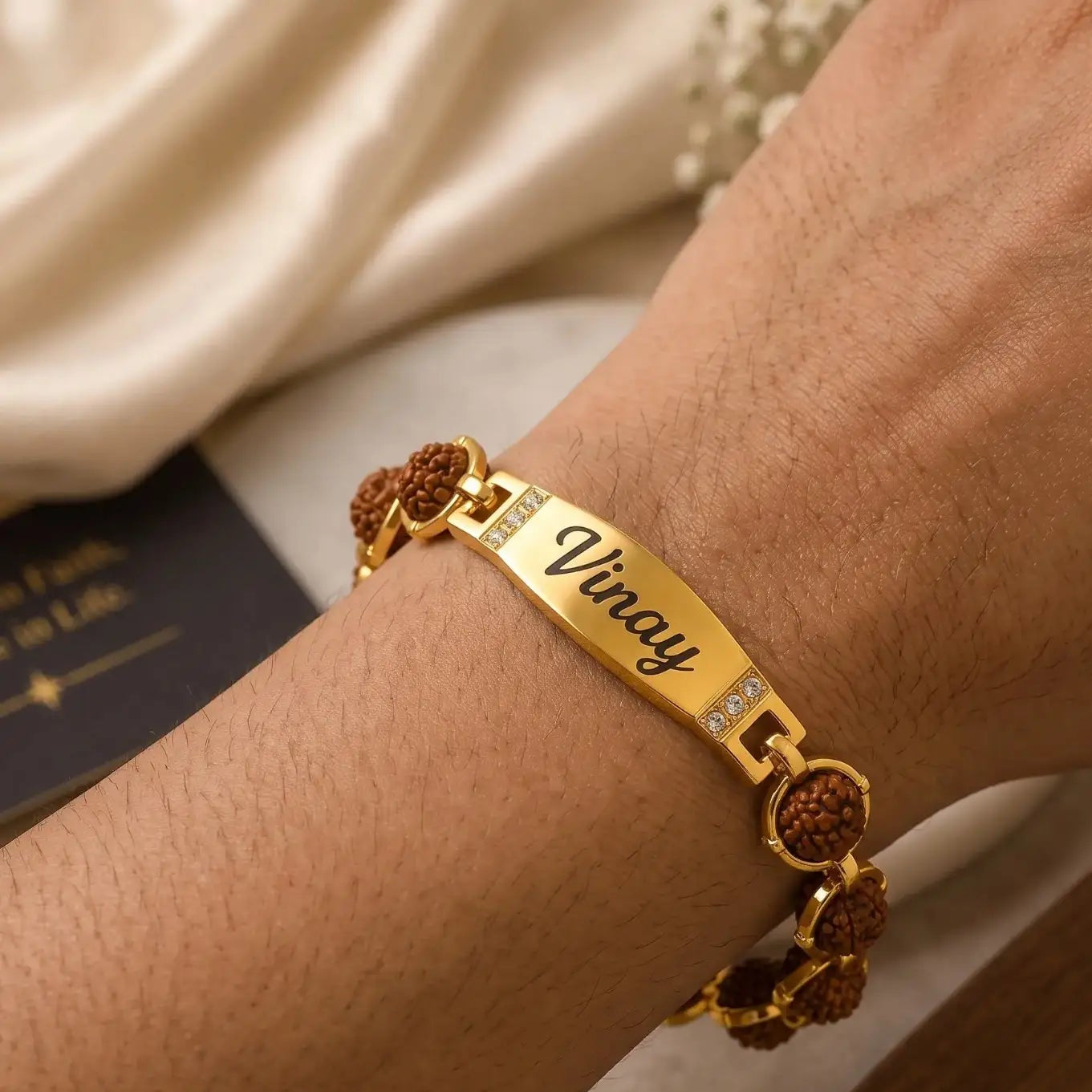 Personalized gold finish Rudraksha Rakhi Bracelet for brother.