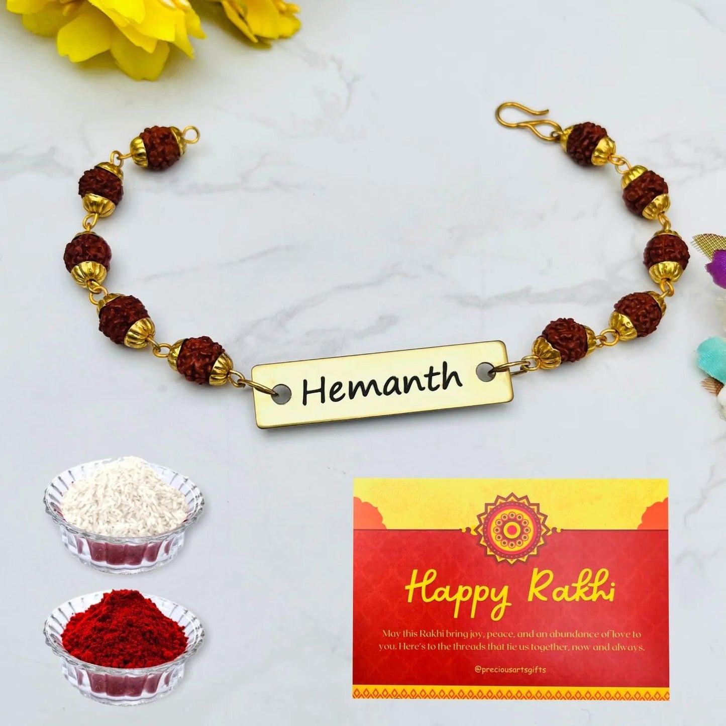 Engraved Metal Name Rudraksh Rakhi for Brother - Precious Art Gifts