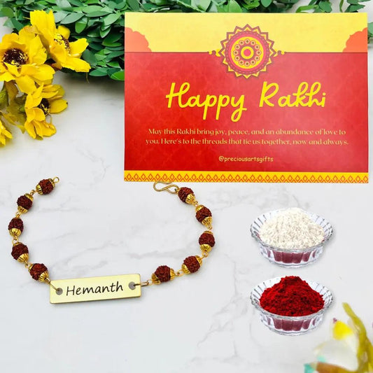 Engraved Metal Name Rudraksh Rakhi for Brother - Precious Art Gifts