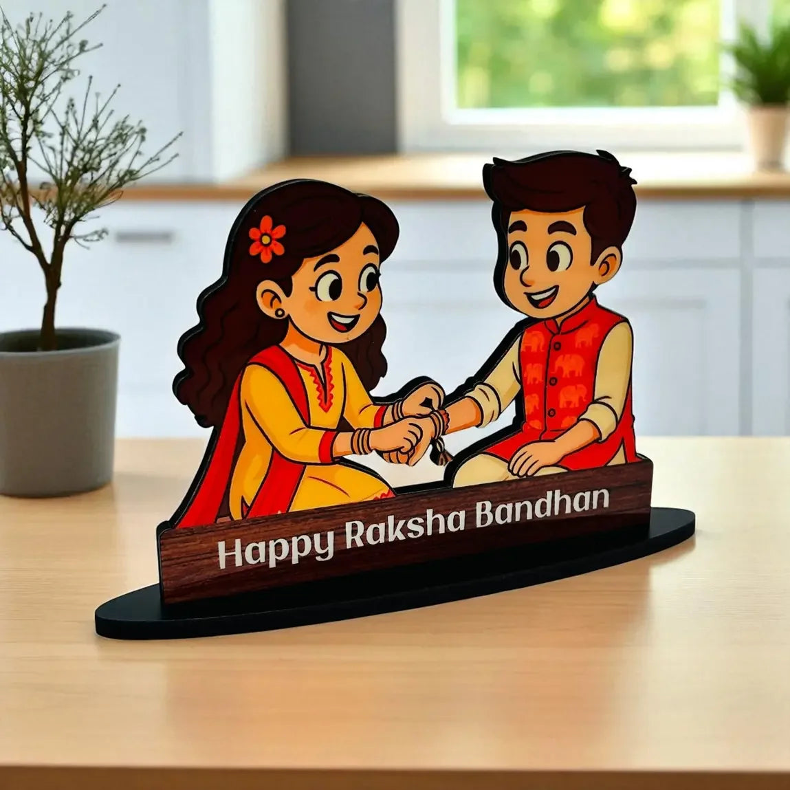 Cartoon Raksha Bandhan table stand with sister tying rakhi to brother