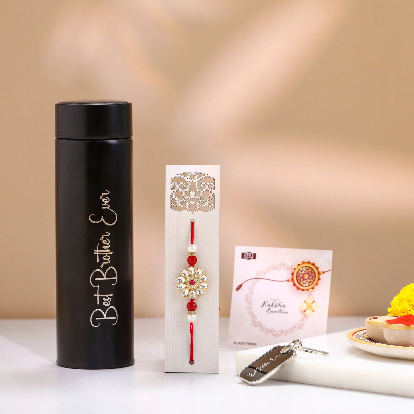 Best Brother Ever Rakhi Gift Combo with Bottle, Rakhi, Keychain and Greeting Card