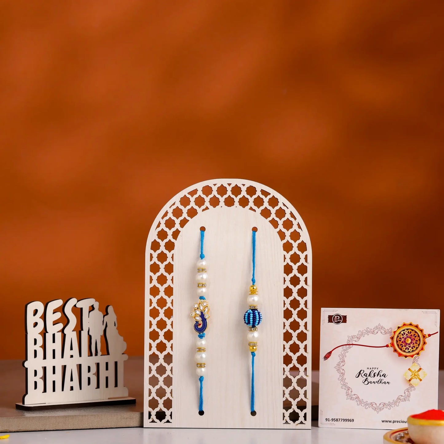 Bhaiya Bhabhi Rakhi Set with Wooden Stand and Card