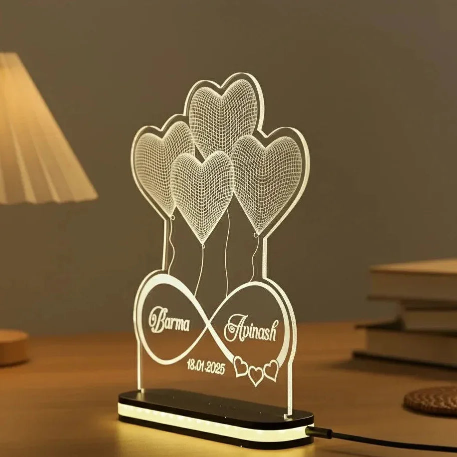 Angled side view of customized heart LED lamp highlighting acrylic panel and base