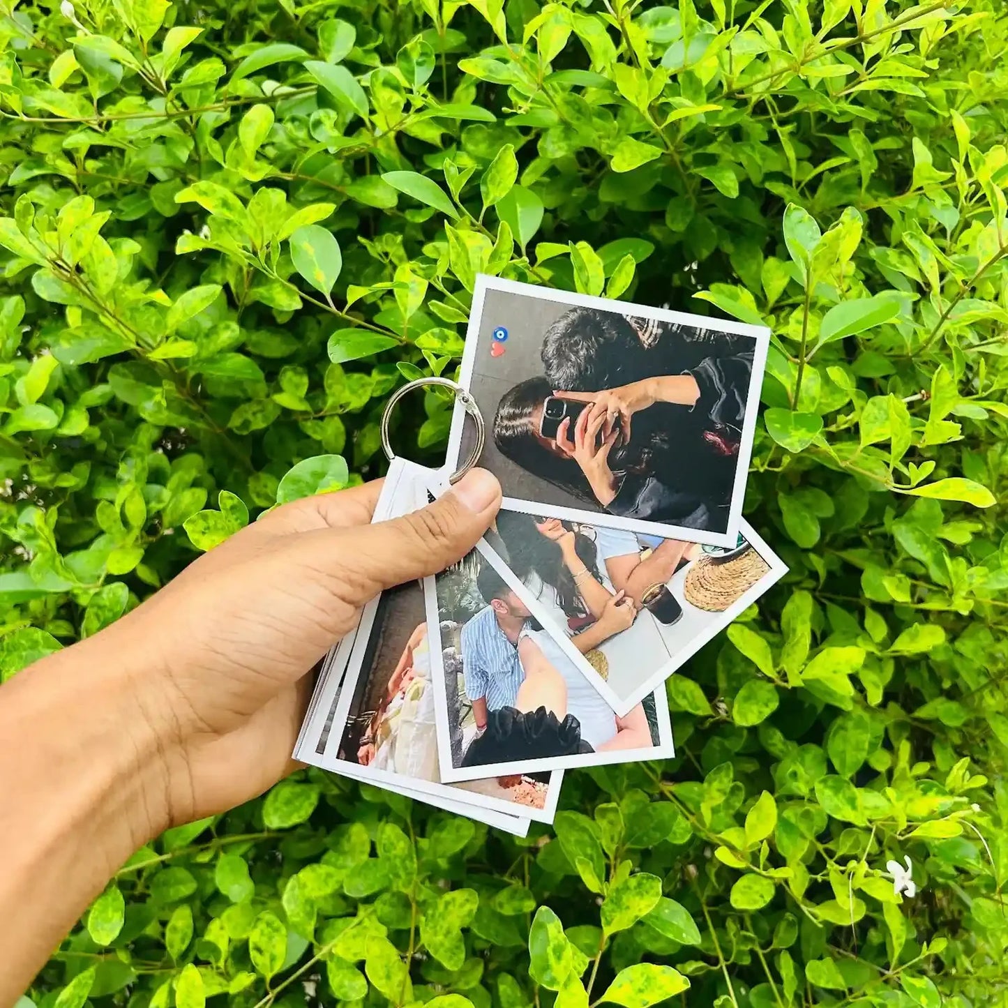 Hand holding a stack of Polaroid photos against a green leafy background