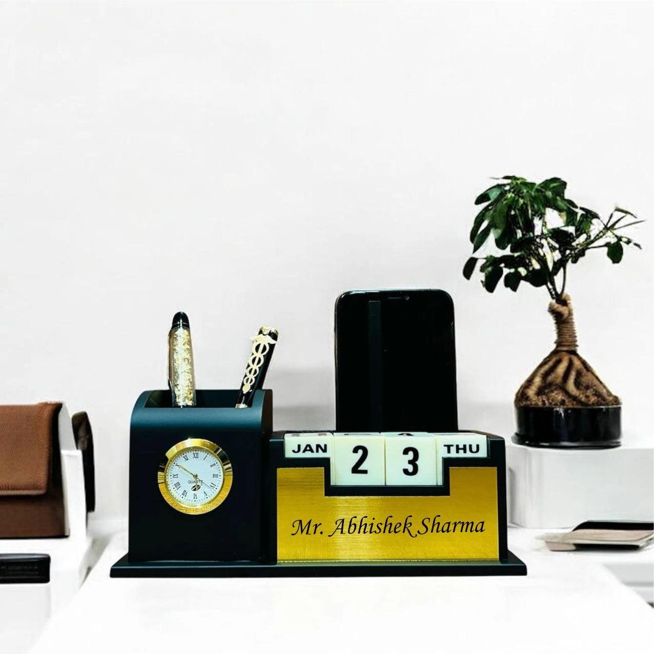 Personalized Desk Organizer with Clock, Calendar, Pen & Mobile Stand - Precious Art Gifts