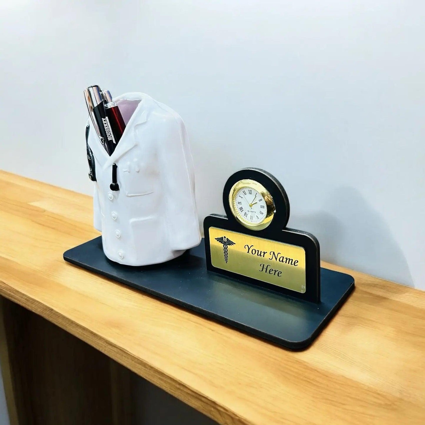 Personalized Doctor’s Lab Coat Pen Stand with Watch - Precious Art Gifts