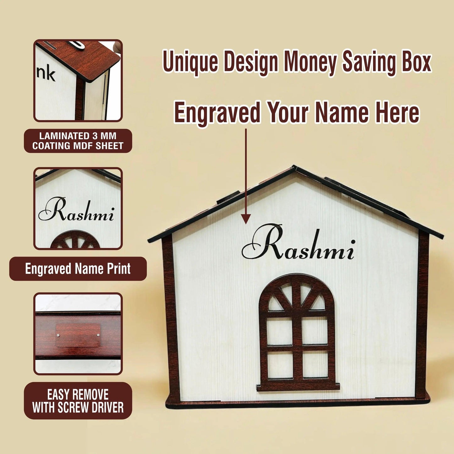 Personalized Wooden Hut-Shaped Piggy Bank for Kids & Adults - Precious Art Gifts