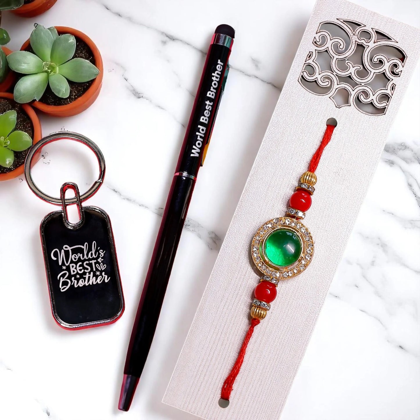 World’s Best Brother Rakhi Combo Set with Pen & Keychain