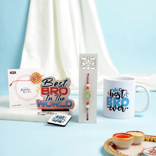 Rakhi Gift Combo for Brother – Mug, Keychain, Rakhi & Wooden Cutout - Precious Art Gifts