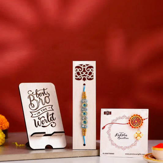 Rakhi gift set with wooden mobile stand, designer rakhi and greeting card