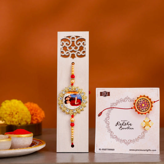 Personalized white stone photo rakhi