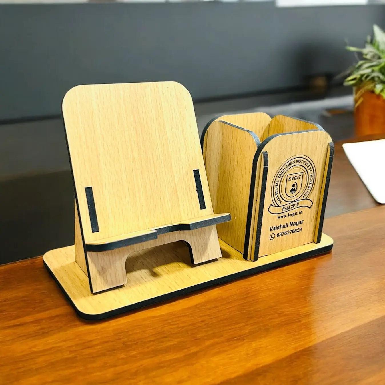 Personalized Wooden Pen Holder with Mobile Stand | Custom Office Accessory - Precious Art Gifts
