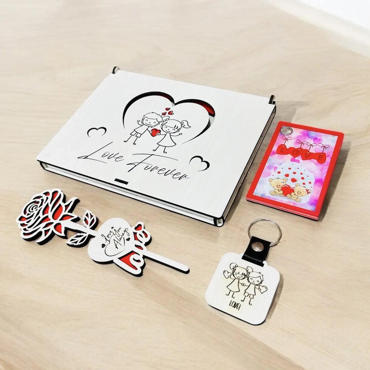 Romantic Valentine Wooden Gift Set - Rose, Mini Diary & Love Keychain. - Precious Art Gifts