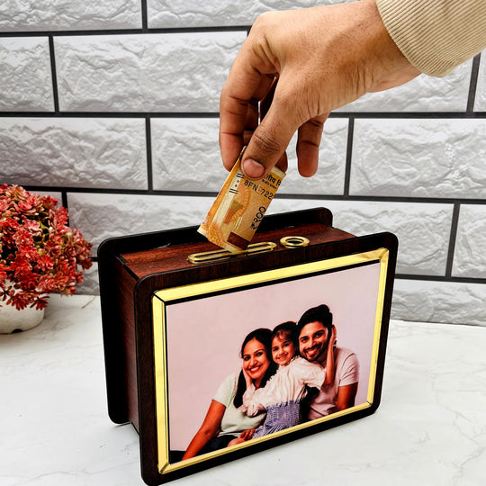 Small Wooden Money Saving Box with Name and Photo  – 8x6 Inches.