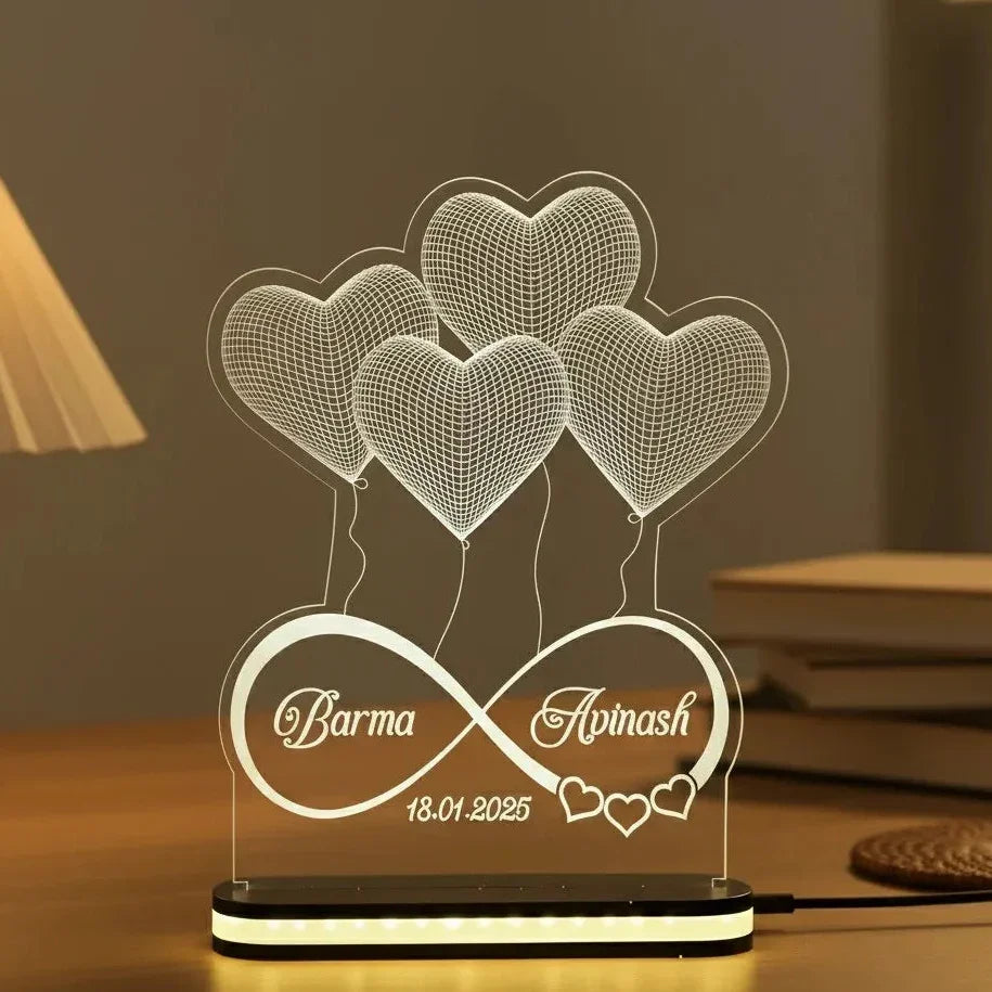 Customized 3D heart illusion lamp with personalized names – LED tabletop gift