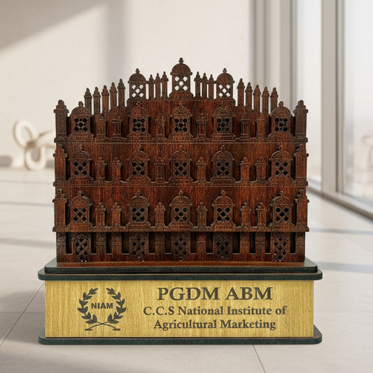 Wooden architectural model on a stand with 'PGDM ABM' and 'C.C.S National Institute of Agricultural Marketing' branding.