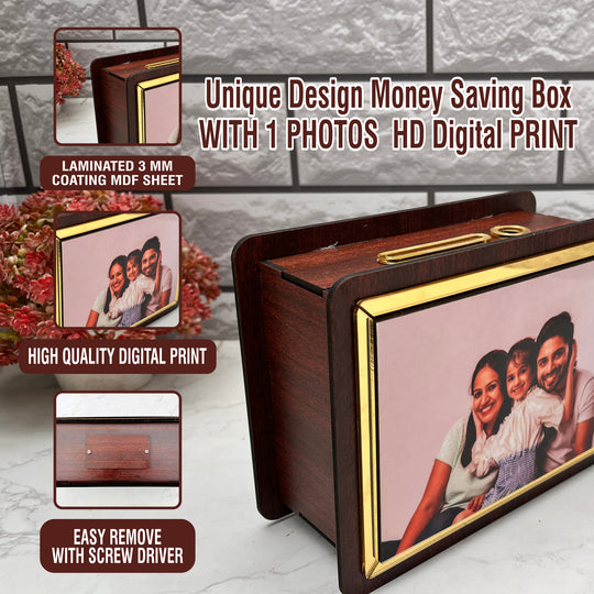 Small Wooden Money Saving Box with Name and Photo  – 8x6 Inches.