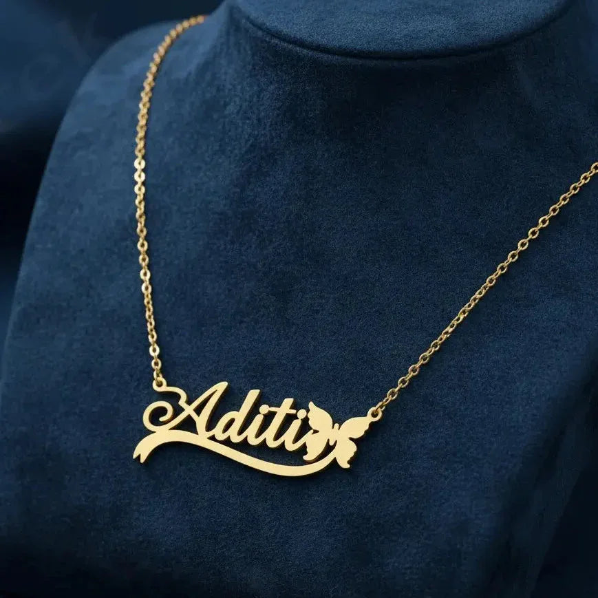 Aditi butterfly customized name pendant in gold finish”